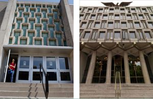 The entrance to the Ag Building, left, and the old U.S. embassy in London, right.