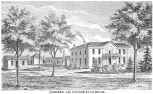 A drawing in the 1883/1884 Annual Catalogue of the Missouri University shows that the 640 acres of land holdings of the College of Agriculture dwarfed the 22-acre University of Missouri campus.  The Boarding Club Houses (#10 on the map) sat where the Agriculture Building now is located. Courtesy University Archives.