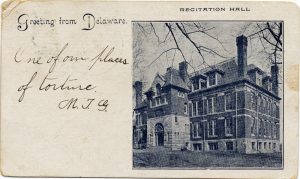 A postcard from a student in 1871 showing the building at Delaware College where Porter had his office. The message states: "One of our places of torture." Courtesy University of Delaware Library.