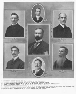 Mumford served as acting Dean in 1907 while Dean Henry Waters traveled in Europe. MU included Mumford's picture instead of Waters in their annual composite of Mizzou Deans. Ag faculty at the time wondered if this slight caused Waters to move to Kansas State University a short time later. Courtesy University Archives.