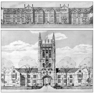 Architectural drawing (top) of the proposed pre-war Missouri Union, about the time when Graham was attending the MU College of Agriculture. (Note the absence of the bell tower and spires.) The $250,000 funding campaign was interrupted by the First World War. After the war, the MU administration redesigned the structure (bottom) to incorporate a bell tower and spires described in Graham’s poem. Courtesy University Archives.