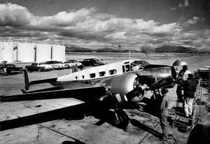 Mizzou’s first airplane, AF-371, had a long and varied life. After its military career as a bombardier trainer and transport, MU bought the airplane and spent nearly $20,000 to increase its cabin height, install a civilian interior, and upgrade the engines and radios, among other improvements. The airplane became a freighter after MU sold it.  It still flies to airshows from its base in Texas. Courtesy University Archives.