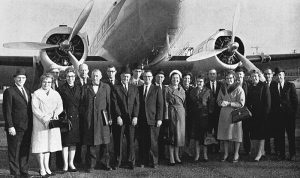 MU’s flying agriculture instructors pose before the University's DC-3 before the last plane trip to the Southeast Missouri State campus, where the courses were conducted. Courtesy Missouri Alumnus magazine.