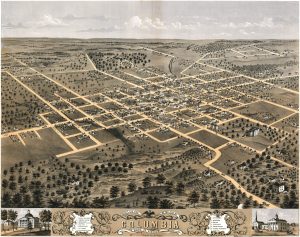 The University of Missouri consisted of one building, Academic Hall, in this 1868 illustration (right, just below center). Boone County and Columbia advocates purchased 640 acres of farmland (lower left) as an inducement to capture the college of agriculture. Courtesy Library of Congress.