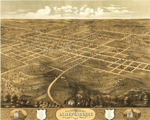 Independence envisioned the college of agriculture west of the town center, lower left in this 1868 illustration. Courtesy Library of Congress.
