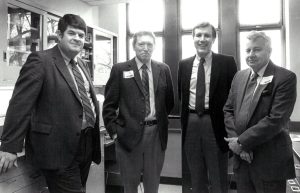 In this photo from 1986, Missouri state senator. Mike Lybe(?), former biochemistry chair Milt Feather, former CAFNR dean Roger Mitchell and former MU provost Ron Bunn. Photo courtesy of the biochemistry department.
