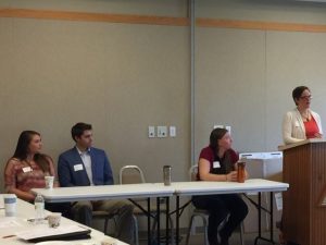 SNR graduate students (left to right): Kayla Key, Joshua Kastman, Mary Short and Lisa Groshong, presented a panel discussion about their research at the annual meeting of the SNR Advisory Council.
