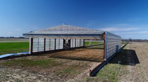 The shelters look like 50-by-100-foot greenhouses on railroad tracks. They move away from test plants when the weather is sunny and cover the plots when rain approaches, allowing the crops under the shelter to experience drought-like conditions.