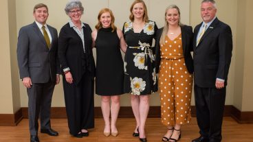Darcy Wells, second from the left, poses with her CAFNR Office of Advancement team during the 2019 CAFNR Column Award banquet. Wells is retiring as the CAFNR senior executive director for advancement after a 30-plus-year career in higher education. Her final day was July 3.