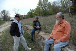 Wells talks with Doug Allen, right, and Gene Garrett, left. Allen passed away in 2017. He created two endowments before he died and left everything he had to the University of Missouri, including the more than 500 acres that became the Land of the Osages Research Center. His gifts have allowed for and will continue to open the door for more agroforestry research – as well as unique partnerships and collaborations for CAFNR and Mizzou.