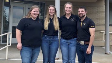 The Mizzou Academic Quadrathlon team finished tied for first at the national competition, which was held in July. The team finished second overall after tiebreakers were taken into consideration. They finished first in the lab practical, second in the written exam and the quiz bowl, and third in the oral presentation. Team members include, from left to right: Emily Shanks, Madison Filley, Anna Tarpey and Jacob Blank. (Photo taken in early 2020.)