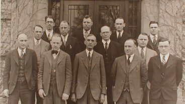 Picture of the faculty of the Department of Animal Husbandry at the University of Missouri taken in 1928 or 1929. Front row (left to right) - Jim Burch, Jim Foster, Frederick B. Mumford, EA Trowbridge, and Fred F. McKenzie; Middle row (left to right) – L.A. Weaver, T.A. Ewing, A.G. Hogan, and D. Chittenden; Back row (left to right) L.E. Casida (PhD student), H. Garlock, H. Moffett, and J.E. Comfort.