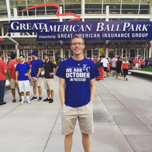 Ben getting ready to cheer on the Royals at the Great American Ball Park in Cincinnati.