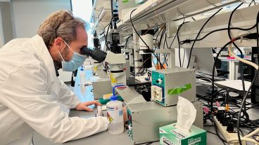 Jaume Padilla looks into a microscope in his lab in the NextGen facility