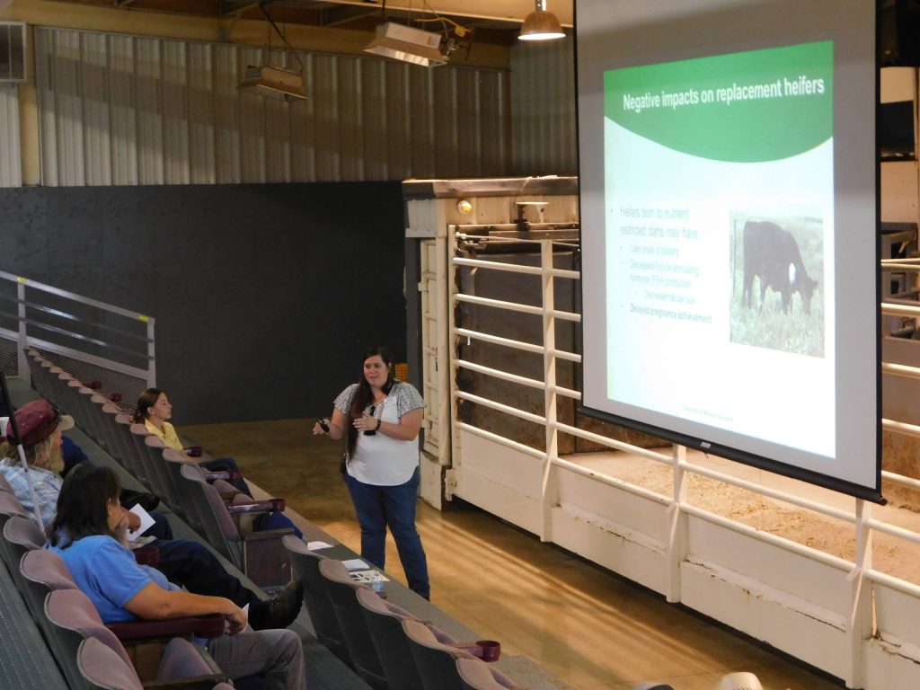 woman with long dark hair addresses a group of people in a livestock arena