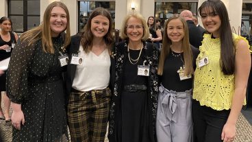 In March, the Mizzou Alumni Association and Alumni Association Student Board named the 2022 Mizzou 18 Award and Mizzou ’39 Award recipients. Six CAFNR students earned the honor, including four biochemistry students. Pictured, from left to right: Molly Shumard, Angelina Hein, Shari Freyermuth, Anna Sullentrup, Maya Derhake.