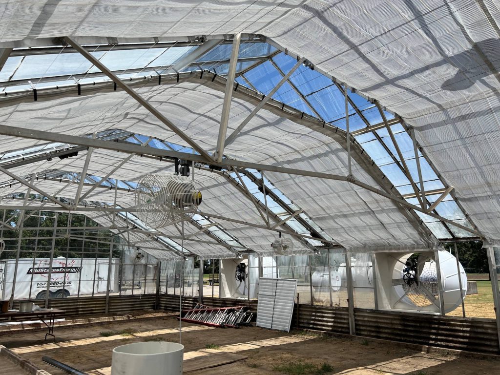 a photo inside an empty greenhouse, showing only the fans and some missing window panels