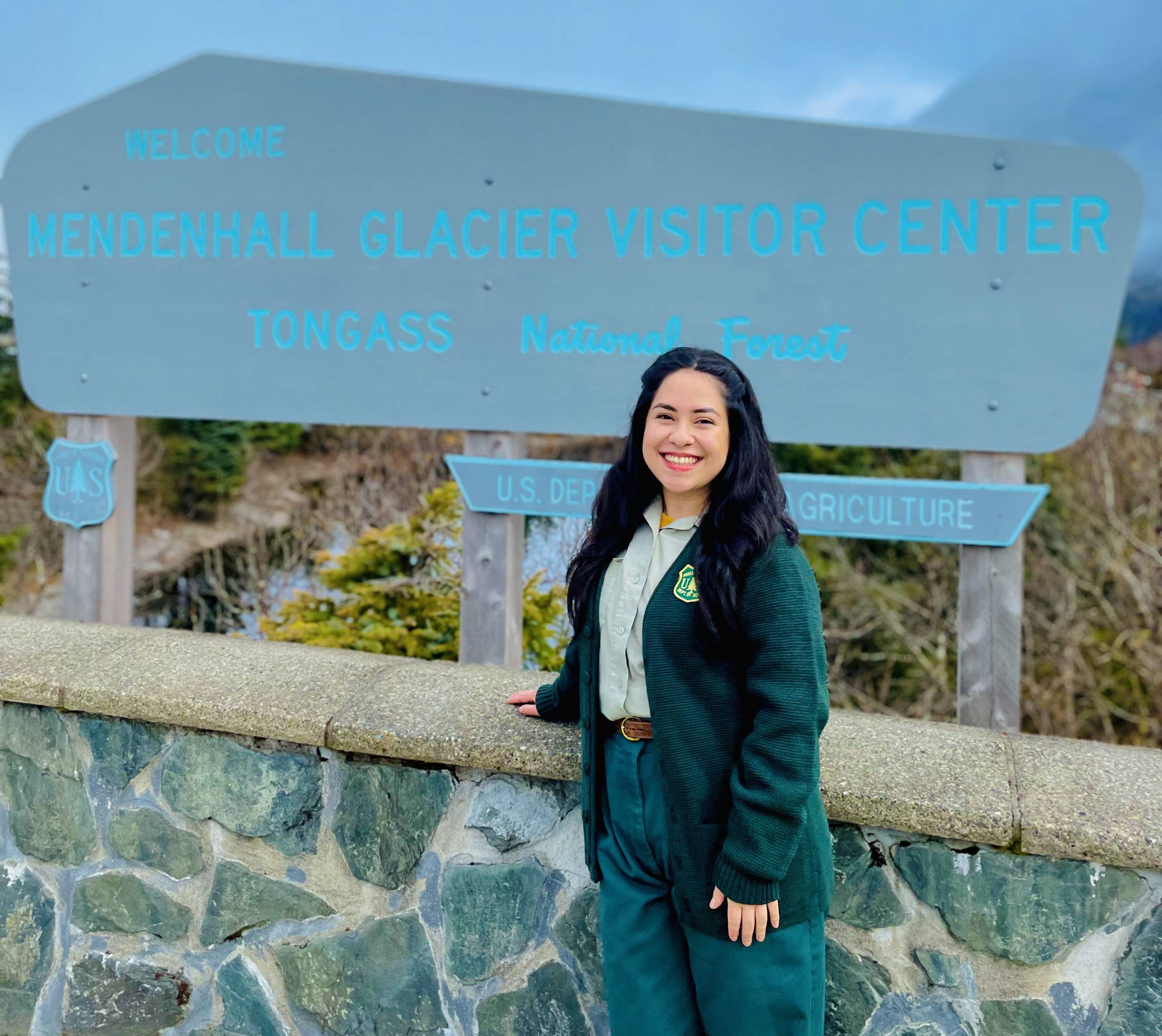 Since graduation, Lisette Perez has been able to build on her passions for connecting with people. She recently completed an internship in Alaska focused on sharing educational information about nature with the general public. Perez was an interpretation ranger at the Mendenhall Glacier Visitor Center in Juneau, Alaska. The site, managed by the federal government through the United States Forest Service, allows individuals to explore wildlife and nature through numerous scenic walking trails. Photo courtesy of Lisette Perez.