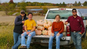 In addition to its fundraiser, the Agronomy Club donated multiple pumpkins from their patch. While the majority of the pumpkins were the traditional orange in color, the Agronomy Club did plant multiple pink pumpkins, too. Those were donated to Alisha’s Pink Pumpkin Painting Party, which was held in mid-October at Jefferson Farm and Garden. Donations are collected during the event and given to the Ellis Fischel Cancer Center Mammography Fund. Pictured, left to right: Michael Fidler, Gwen Diepholz, Danielle Dillon, William Lee.