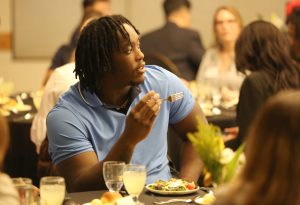 While Dairus Robinson’s dedication to football has been evident each season, he has also stayed committed in the classroom. Robinson said he chose the hospitality management degree program because of his interest in the hospitality industry, especially when related to tourism. Photo by Logan Jackson.