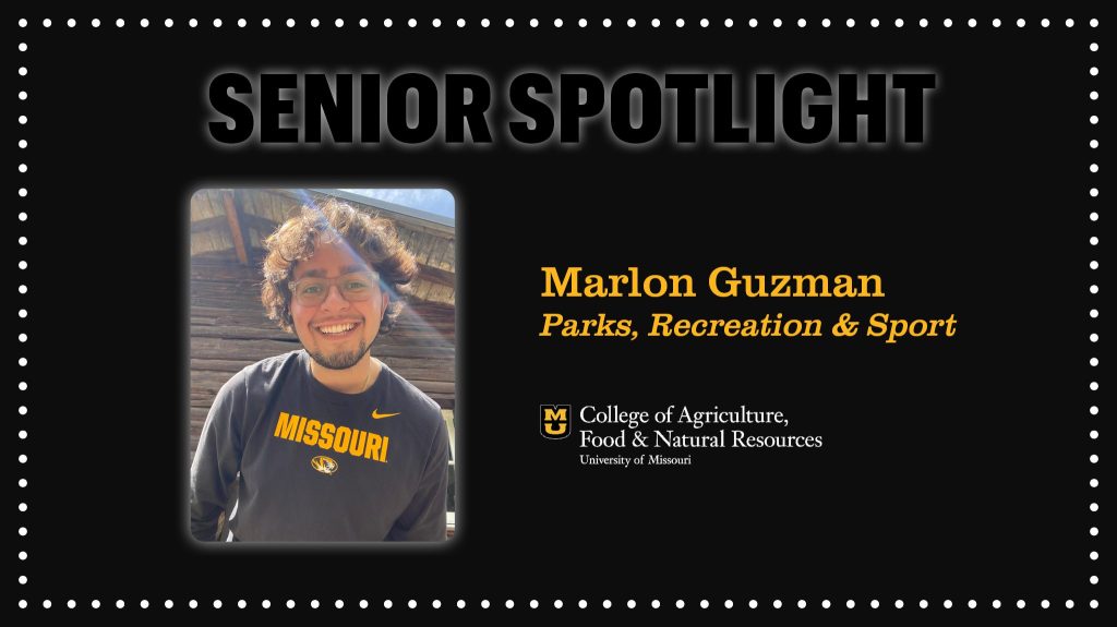 Senior Spotlight graphic featuring student with curly hair wearing MU shirt.