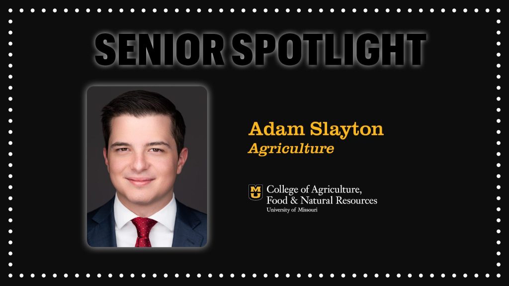 Senior Spotlight graphic featuring student wearing suit coat and red tie.