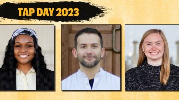 Collage of photos of Trillion, Andres and Kathryn with a gold background and a header saying: Tap Day 2023