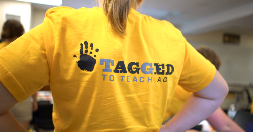 t-shirt reading, "Tagged to teach AG"