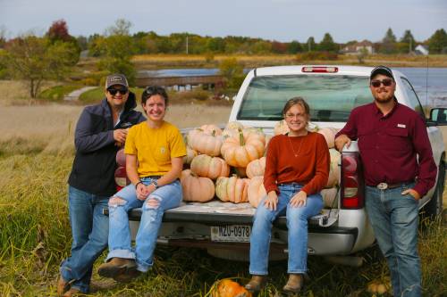 In addition to its fundraiser, the Agronomy Club donated multiple pumpkins from their patch. While the majority of the pumpkins were the traditional orange in color, the Agronomy Club did plant multiple pink pumpkins, too. Those were donated to Alisha’s Pink Pumpkin Painting Party, which was held in mid-October at Jefferson Farm and Garden. Donations are collected during the event and given to the Ellis Fischel Cancer Center Mammography Fund. Pictured, left to right: Michael Fidler, Gwen Diepholz, Danielle Dillon, William Lee.