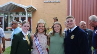 Sam Tummons represented the Missouri FFA Association at the Missouri State Fair. Tummons was joined by fellow MU students (from left to right: Zoe Engelbrecht, Elsie Kigar, and Anna Eitel) representing other youth programs. Photo by Genevieve Howard.