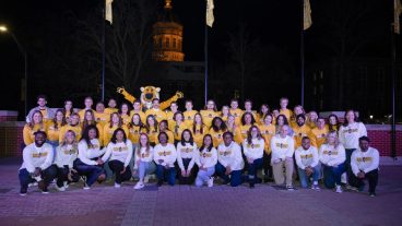 A large group of students with Truman the Tiger.