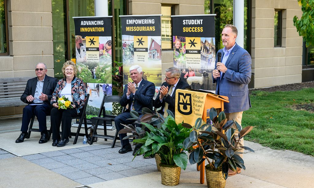 Shawn Poore speaks at a podium during a gift announcement Sept. 17. 