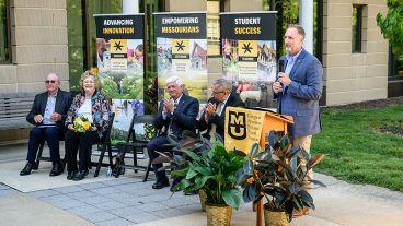 Shawn speaks to the crowd at the gift announcement.