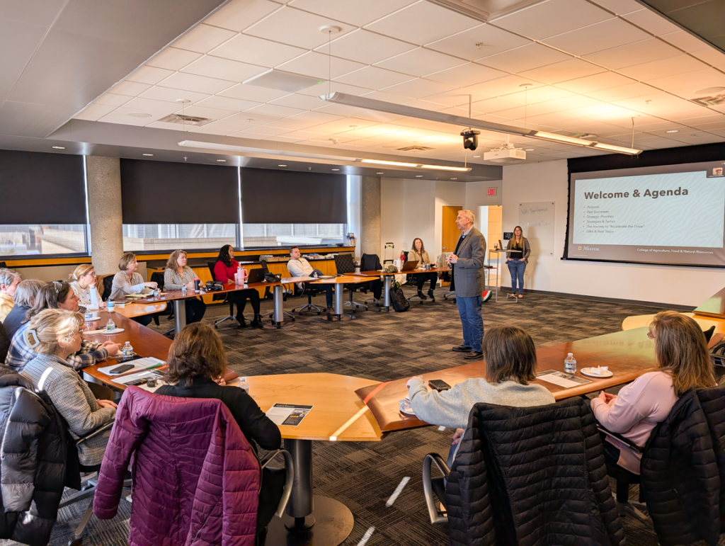 Dean Daubert discusses the strategic plan to the audience of staff members.