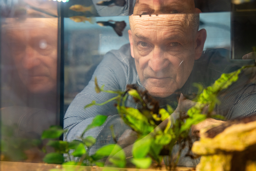 Wes Warren watches his fish in his office.