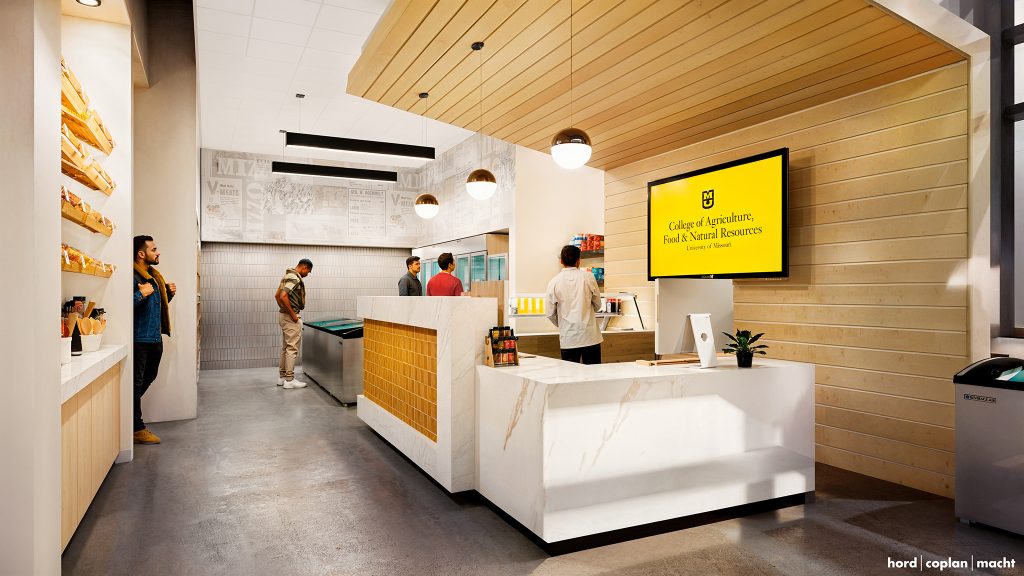 A computer drawing of a market space with shelving, a counter, refrigerated items, and customers waiting.