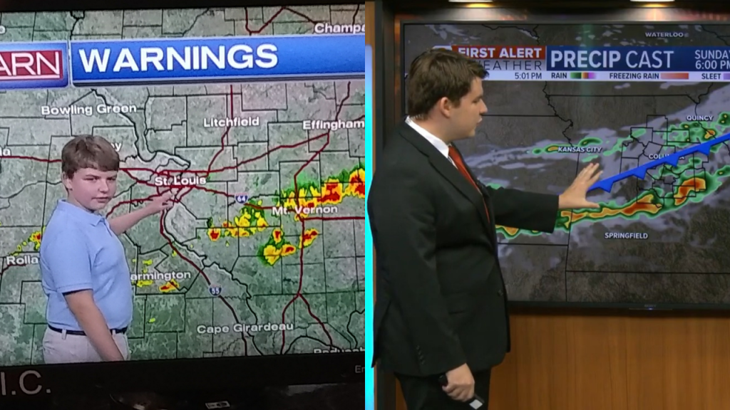 Side-by-side photos of a young Thomas Schwent standing in front of a weather radar on a green screen and Thomas Schwent standing in front of a weather radar during a live broadcast at KOMU-TV.