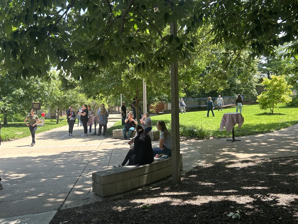 A shaded group of people enjoying cotton candy, sno cones and badminton.