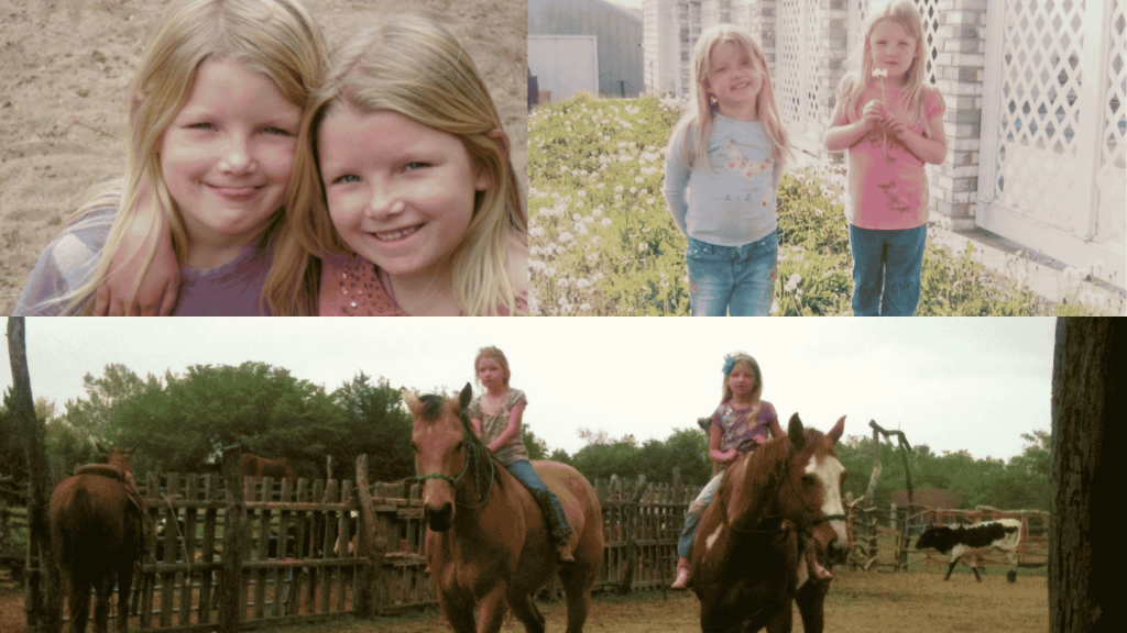 Photo collage of Beth and Bell Foltz as little girls smiling together in two photos and riding horses in one photo.