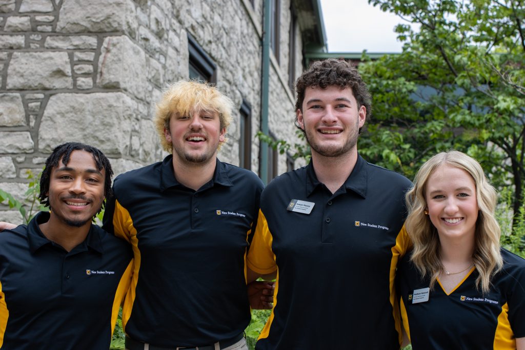 Colin Belger, Ezra Quick, Sawyer Massey and Madison Hancock smile together as CAFNR students who are Summer Welcome Leaders.