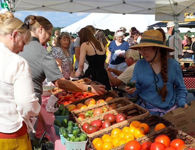 People choosing from a selection of colorful tomatoes.