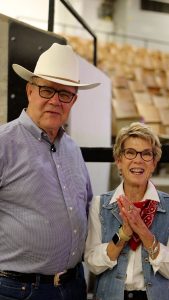 Alan and Susan Wessler smile in Trowbridge Arena during Barnwarmin'.
