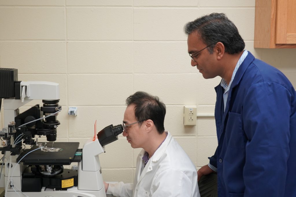 One man watches as another man looks through a microscope.